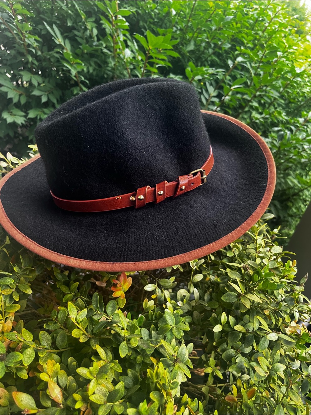 Anthropologie New Black Wool Felt Wide-Brim Hat with Brown Leather Band NWOT - Picture 5 of 16